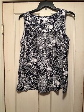 Charter Club Navy and White Floral Paisley Scoop Neck Tank